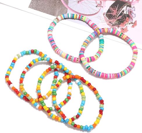 Heishi Bracelets for Women Colorful Vinyl Disc Bead Stretch Bracelets Stackable Beach Surf Letter Strand Bracelets for Girls Birthday Party Gifts in Saudi Arabia