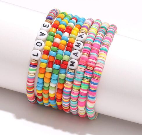 Heishi Bracelets for Women Colorful Vinyl Disc Bead Stretch Bracelets Stackable Beach Surf Letter Strand Bracelets for Girls Birthday Party Gifts in Saudi Arabia