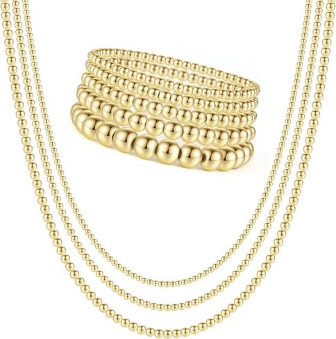 أساور ذهبية مطرزة للنساء، سوار كرة خرز مطلي بالذهب عيار 14 قيراط، قابل للتمدد، سوار بوهيمي مرن قابل للتكديس، لا يسبب الحساسية، مجموعة قلادة مطرزة بالذهب in Kuwait