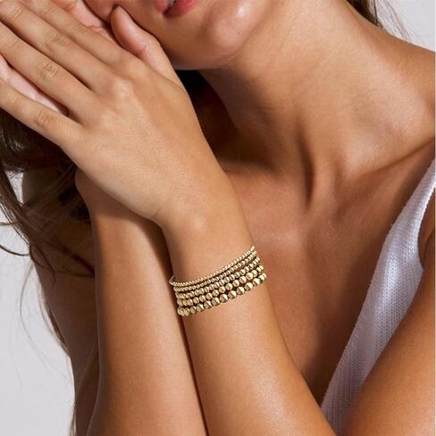 أساور ذهبية مطرزة للنساء، سوار كرة خرز مطلي بالذهب عيار 14 قيراط، قابل للتمدد، سوار بوهيمي مرن قابل للتكديس، لا يسبب الحساسية، مجموعة قلادة مطرزة بالذهب in Kuwait