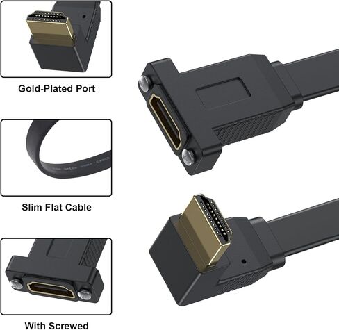 كابل Poyiccot مسطح HDMI 2.0 بطول 1.5 قدم، زاوية أعلى 90 درجة HDMI ذكر إلى كابل أنثى، كابل تمديد HDMI مثبت على لوحة 18 جيجابت في الثانية يدعم إيثرنت 4K@60 هرتز ثلاثي الأبعاد 2160 بكسل لتلفزيون UHD، بلاي ستيشن PS4 PS3 in Kuwait