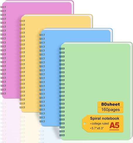 دفتر ملاحظات حلزوني مقاس 5.7 بوصة × 8.3 بوصة مع 4 مجلات حلزونية للنساء، 80 ورقة / 160 صفحة لكل مجلة مع سلك مزدوج، غلاف بلاستيكي سميك ومبطن بمسطرة 8 مم in Kuwait