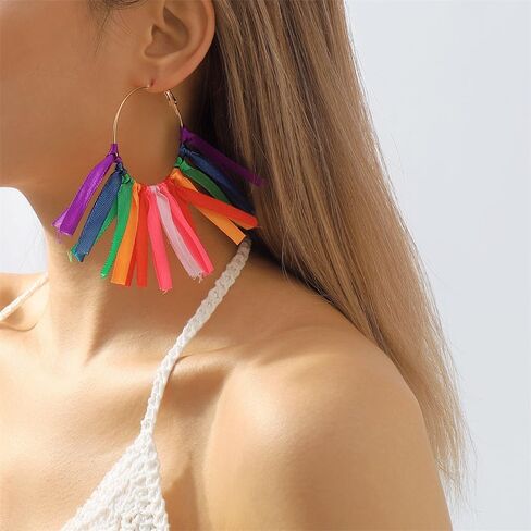 Rainbow Tassel Dangle Earrings for Women Girls Gold Plated Boho Handmade Colorful Ribbon Long Threader Round Drop Dangling Lightweight Statement Hoop Hook Earring Bohemian Vacation Holiday Party Jewelry in Saudi Arabia