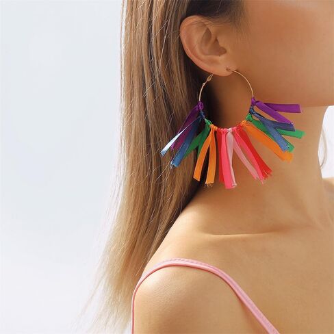 Rainbow Tassel Dangle Earrings for Women Girls Gold Plated Boho Handmade Colorful Ribbon Long Threader Round Drop Dangling Lightweight Statement Hoop Hook Earring Bohemian Vacation Holiday Party Jewelry in Saudi Arabia