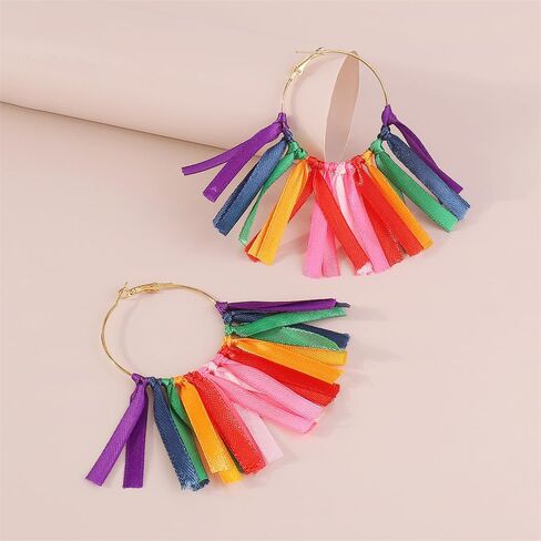 Rainbow Tassel Dangle Earrings for Women Girls Gold Plated Boho Handmade Colorful Ribbon Long Threader Round Drop Dangling Lightweight Statement Hoop Hook Earring Bohemian Vacation Holiday Party Jewelry in Saudi Arabia