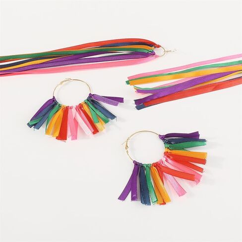 Rainbow Tassel Dangle Earrings for Women Girls Gold Plated Boho Handmade Colorful Ribbon Long Threader Round Drop Dangling Lightweight Statement Hoop Hook Earring Bohemian Vacation Holiday Party Jewelry in Saudi Arabia