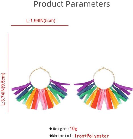 Rainbow Tassel Dangle Earrings for Women Girls Gold Plated Boho Handmade Colorful Ribbon Long Threader Round Drop Dangling Lightweight Statement Hoop Hook Earring Bohemian Vacation Holiday Party Jewelry in Saudi Arabia