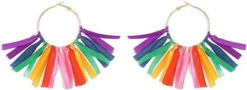 Rainbow Tassel Dangle Earrings for Women Girls Gold Plated Boho Handmade Colorful Ribbon Long Threader Round Drop Dangling Lightweight Statement Hoop Hook Earring Bohemian Vacation Holiday Party Jewelry in Saudi Arabia