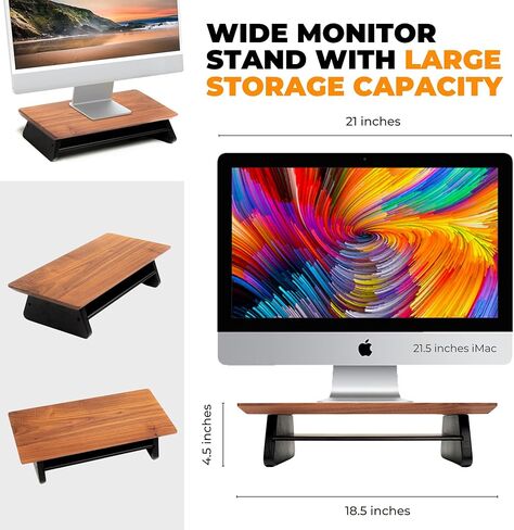 Solid Walnut Monitor Stand Riser - 18.5 x 4.5 Inches Computer Riser for Home and Offices - Easy to Assemble - Desk Stand for Laptop, Monitor, TV, PC, and Printers in Saudi Arabia