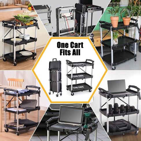 FUTURELAB Portable Folding Service Cart - 3 Tier 330LBS Capacity - Rolling Cart Utility Cart Foldable Cart with Wheels for Warehouse Home Workshops Garages Restaurants Offices in Saudi Arabia