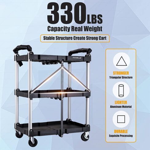 FUTURELAB Portable Folding Service Cart - 3 Tier 330LBS Capacity - Rolling Cart Utility Cart Foldable Cart with Wheels for Warehouse Home Workshops Garages Restaurants Offices in Saudi Arabia