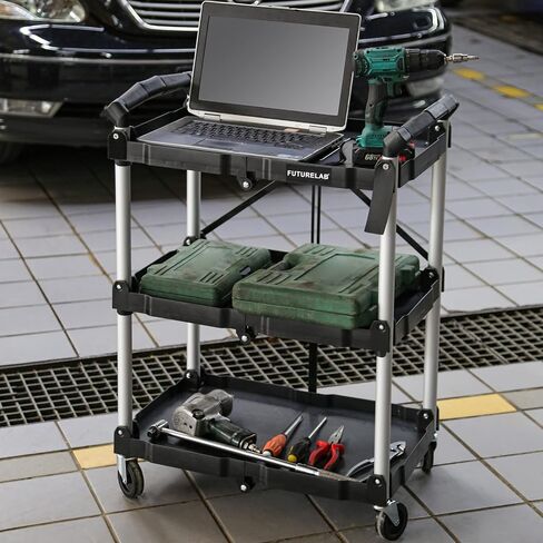 FUTURELAB Portable Folding Service Cart - 3 Tier 330LBS Capacity - Rolling Cart Utility Cart Foldable Cart with Wheels for Warehouse Home Workshops Garages Restaurants Offices in Saudi Arabia