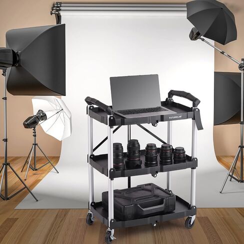 FUTURELAB Portable Folding Service Cart - 3 Tier 330LBS Capacity - Rolling Cart Utility Cart Foldable Cart with Wheels for Warehouse Home Workshops Garages Restaurants Offices in Saudi Arabia