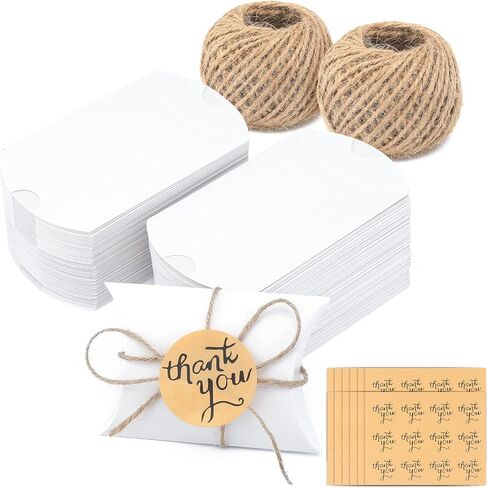 100 قطعة من علب الوسائد من jijAcraft، علب هدايا صغيرة مقاس 10.16 × 7.62 سم ​​مع خيوط الجوت وملصقات شكرًا لك، صناديق هدايا من ورق الكرافت لعيد الميلاد، وحفلات أعياد الميلاد، والزفاف، والحلوى، والصابون، وحرف المجوهرات in Kuwait