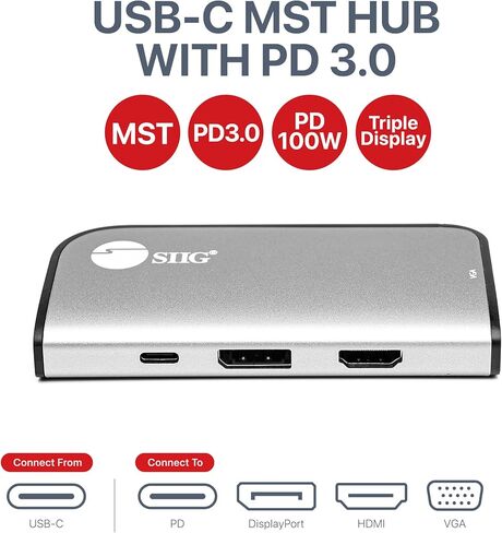 موزع SIIG USB-C MST مع PD 3.0، USB-C إلى DP/HDMI/VGA، مخرج فيديو فردي 4K30+Dual 1080p أو ثلاثي 1080p، PD 100W، لأجهزة الكمبيوتر المحمولة التي تعمل بنظام Windows وChromebook (وضع DP Alt) وليس لنظام التشغيل Mac OS (CB) -TC0G11-S1) in Saudi Arabia
