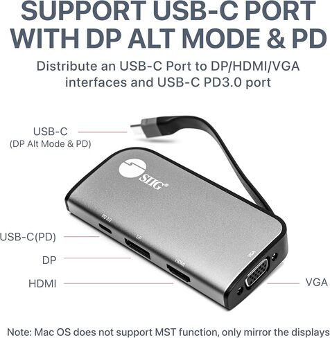 موزع SIIG USB-C MST مع PD 3.0، USB-C إلى DP/HDMI/VGA، مخرج فيديو فردي 4K30+Dual 1080p أو ثلاثي 1080p، PD 100W، لأجهزة الكمبيوتر المحمولة التي تعمل بنظام Windows وChromebook (وضع DP Alt) وليس لنظام التشغيل Mac OS (CB) -TC0G11-S1) in Saudi Arabia