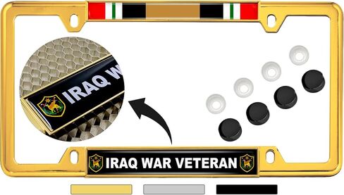 Iraq War Veteran - Domed Custom-Made Personalized Narrow (Thin) Top 4 hole Metal Car License Plate Frame with FREE caps - Black (Quantity: 1 Frame) in Kuwait