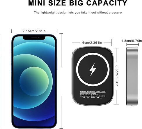 بنك طاقة شاحن لاسلكي مغناطيسي، 10000 مللي أمبير في الساعة 15 وات سريع USB C شاحن متنقل صغير مع شفط ماج، حزمة بطارية خارجية قوية لهاتف iPhone 12/12 Pro/12 Mini/ 13 (رمادي فاخر)) in Saudi Arabia