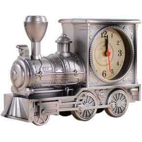 FAVOMOTO Silver Retro Train Clock Model Train Locomotive Clock Table Time Clock Steampunk Decoration Home Office Shelf Train Model Time Clock