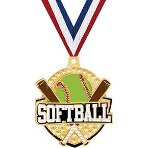 Crown Awards 2 1/4" Royal Softball Medals, Gold Softball Medals with Free Neck Ribbon Prime