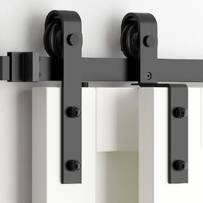 skysen 4FT Heavy Duty Sliding Barn Door Hardware Single Track Bypass Double Door Kit Black(Bypass J Shape-1)
