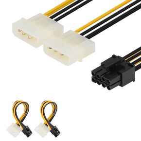 J&D 8 Pin PCIe to 2 x 4 Pin LP4 Molex Power Cable Adapter (2 Pack), 6 inch / 15 cm, Black