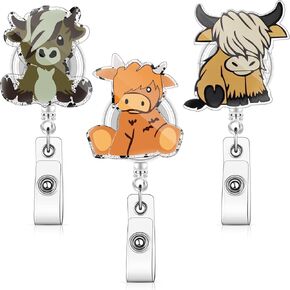 3 Pieces Cow Badge Reel Retractable Badge Reels Cute Name Badge Holder with Swivel Clip Funny Nurse Badge Reel for Office School Worker Doctor Nurse, 3 Styles (Highland Cow, Acrylic)