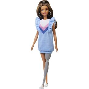 Barbie Fashionistas Doll #121 with Brown Hair and Prosthetic Leg Dressed in Blue Sweater Dress with Accessories