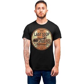 Last Stop Motorcycle T-Shirt Biker Rider Route 66 Harley Vintage Mens Black Tee