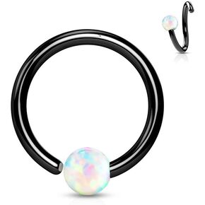16g Black IP Over 316L Surgical Steel White Opal Ball Fixed on End Hoop Ring (Sold Per Piece)