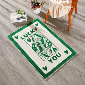RoomTalks Lucky You Playing Card Rug Black and Ivory, Thin Cute Retro Aesthetic 2x3 Small Rugs for Bedroom College Bathroom Kitchen Non Slip, Trendy Funky Unique Cool Preppy Rug Dorm Accent Floor Mat
