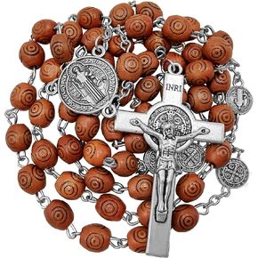 TALISMAN4U Saint Benedict Wooden Rosary Carved Beads Catholic Necklace with St Benedict Medal Centerpiece & Jerusalem Cross Crucifix Religious Gift Rosary Pouch