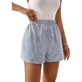 COZYEASE Women's Striped Print Elastic Waist Shorts Casual Wide Leg Mini Shorts with Pockets