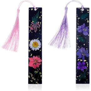 Dried Flower Bookmarks with Tassels, 2 Pcs Black Pressed Flower Book Marks, Handmade Floral Page Marker Cute Book Marking Accessories Durable Resin Bookmarks Gift for Book Lovers(Pink+Purple)