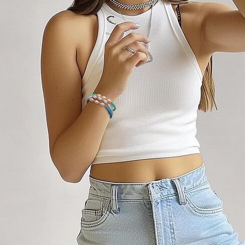 Freshwater Pearl Heishi Clay Beads Bracelets for Women Girls, Dainty Handmade Stackable stretch Friendship Bracelet Summer Beach Jewelry Gift in Kuwait