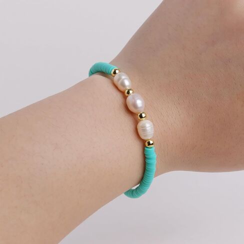 Freshwater Pearl Heishi Clay Beads Bracelets for Women Girls, Dainty Handmade Stackable stretch Friendship Bracelet Summer Beach Jewelry Gift in Saudi Arabia