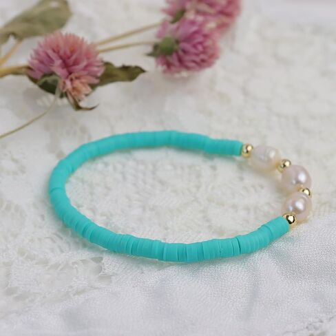 Freshwater Pearl Heishi Clay Beads Bracelets for Women Girls, Dainty Handmade Stackable stretch Friendship Bracelet Summer Beach Jewelry Gift in Saudi Arabia