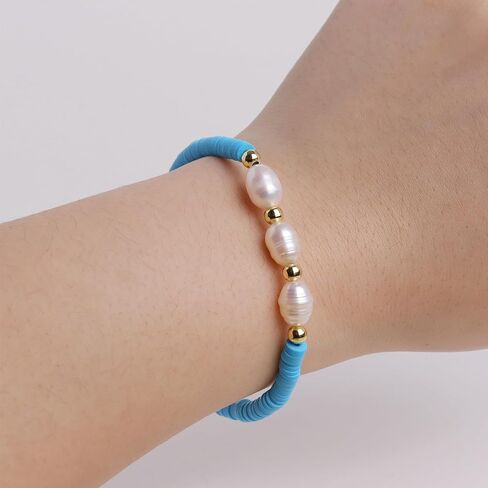 Freshwater Pearl Heishi Clay Beads Bracelets for Women Girls, Dainty Handmade Stackable stretch Friendship Bracelet Summer Beach Jewelry Gift in Kuwait