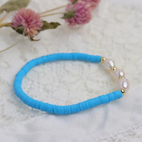 Freshwater Pearl Heishi Clay Beads Bracelets for Women Girls, Dainty Handmade Stackable stretch Friendship Bracelet Summer Beach Jewelry Gift in Kuwait
