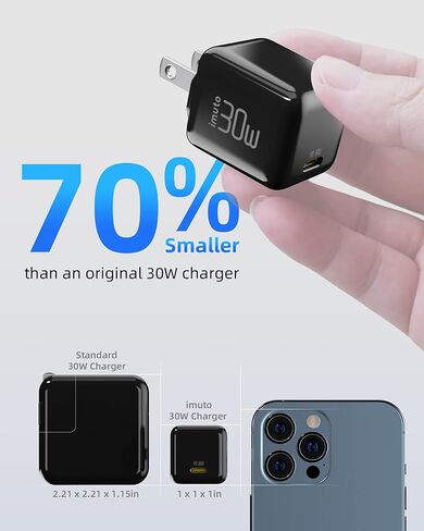 شاحن سفر USB C، شحن سريع للغاية imuto PPS Mini 30W، كتلة شاحن PD مضغوط من GaN Type C لهاتف Galaxy S22/Ultra/S21، Note 20/10، iPhone 13/12/Pro/Pro Max، Google، Pixel، iPad، MacBook هواء… in Kuwait