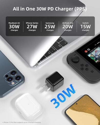 شاحن سفر USB C، شحن سريع للغاية imuto PPS Mini 30W، كتلة شاحن PD مضغوط من GaN Type C لهاتف Galaxy S22/Ultra/S21، Note 20/10، iPhone 13/12/Pro/Pro Max، Google، Pixel، iPad، MacBook هواء… in Kuwait