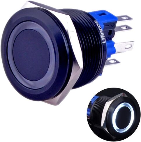 لحظة ضغط على زر التبديل U22A1 1NO1NC غلاف معدني أسود مع حلقة LED زرقاء 12 فولت مناسبة لفتحة تركيب 22 مم 7/8 بوصة (أزرق) in Kuwait