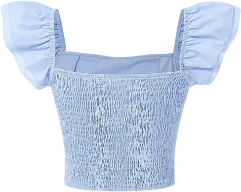 OYOANGLE Girl's Square Neck Ruffle Sleeve Crop Blouse Smocked Solid Slim Fit Tee Top in Saudi Arabia