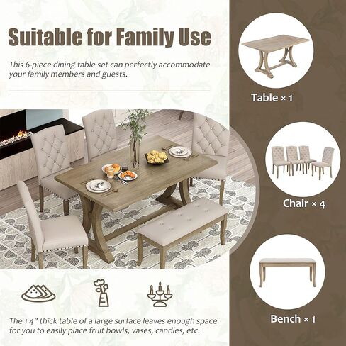 مجموعة طاولة طعام معنقدة بأزرار لرأس الأظافر تتسع لستة أشخاص، طاولة مستطيلة أنيقة مع كراسي ومقعد منحنية ومنجدة، وأرجل على شكل حامل، وأثاث منزلي على الطراز الريفي، وطاولة وكراسي المطبخ in Kuwait