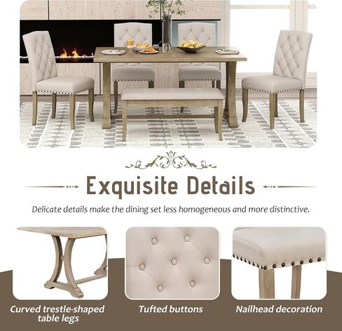 مجموعة طاولة طعام معنقدة بأزرار لرأس الأظافر تتسع لستة أشخاص، طاولة مستطيلة أنيقة مع كراسي ومقعد منحنية ومنجدة، وأرجل على شكل حامل، وأثاث منزلي على الطراز الريفي، وطاولة وكراسي المطبخ in Kuwait