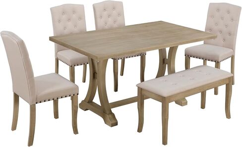 مجموعة طاولة طعام معنقدة بأزرار لرأس الأظافر تتسع لستة أشخاص، طاولة مستطيلة أنيقة مع كراسي ومقعد منحنية ومنجدة، وأرجل على شكل حامل، وأثاث منزلي على الطراز الريفي، وطاولة وكراسي المطبخ in Kuwait