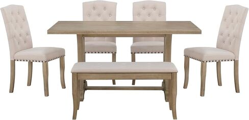 مجموعة طاولة طعام معنقدة بأزرار لرأس الأظافر تتسع لستة أشخاص، طاولة مستطيلة أنيقة مع كراسي ومقعد منحنية ومنجدة، وأرجل على شكل حامل، وأثاث منزلي على الطراز الريفي، وطاولة وكراسي المطبخ in Kuwait