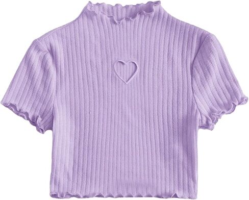 OYOANGLE Girl's Rib Knit Short Sleeve Mock Neck Cut Out Tee Top Lettuce Trim Slim Fit Crop Tee Shirts in Saudi Arabia