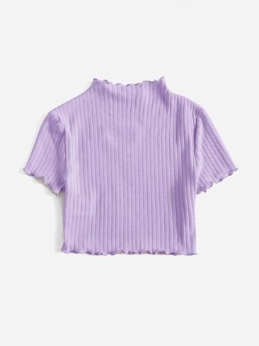 OYOANGLE Girl's Rib Knit Short Sleeve Mock Neck Cut Out Tee Top Lettuce Trim Slim Fit Crop Tee Shirts in Saudi Arabia