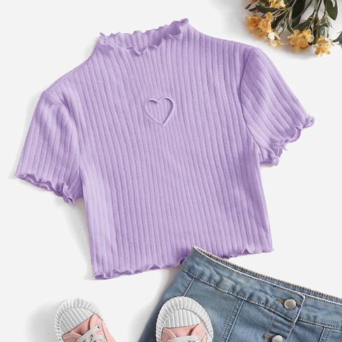 OYOANGLE Girl's Rib Knit Short Sleeve Mock Neck Cut Out Tee Top Lettuce Trim Slim Fit Crop Tee Shirts in Saudi Arabia